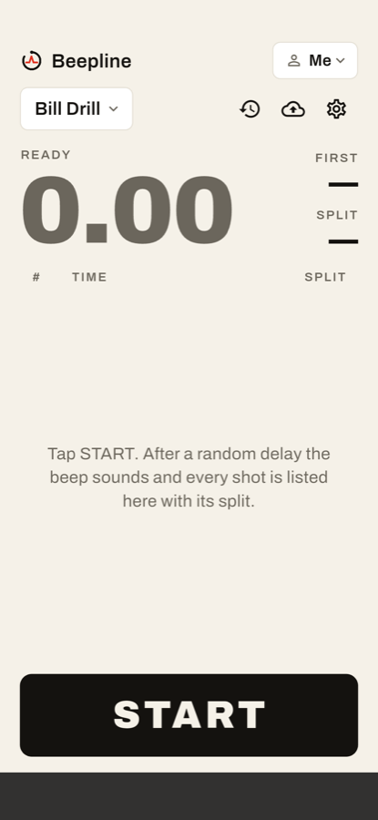 Beepline's timer home screen with the drill chip and a large START button.