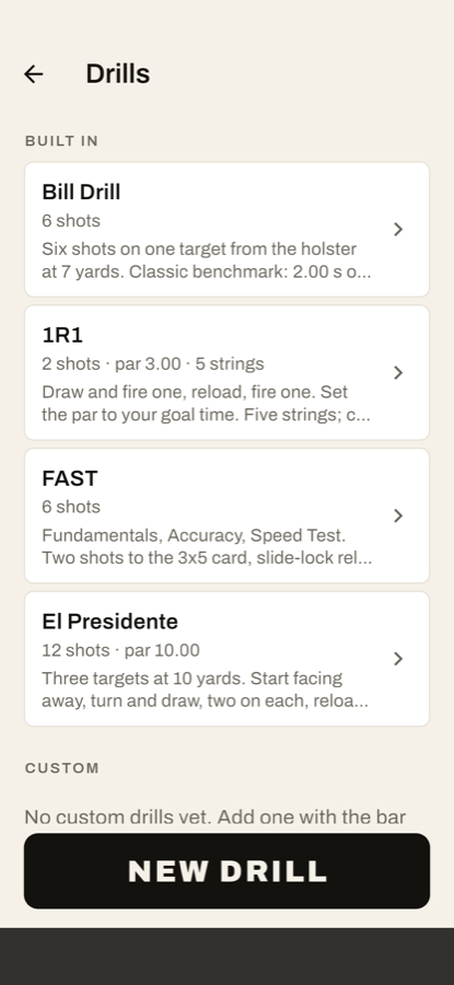 The drills list with built-in drills.