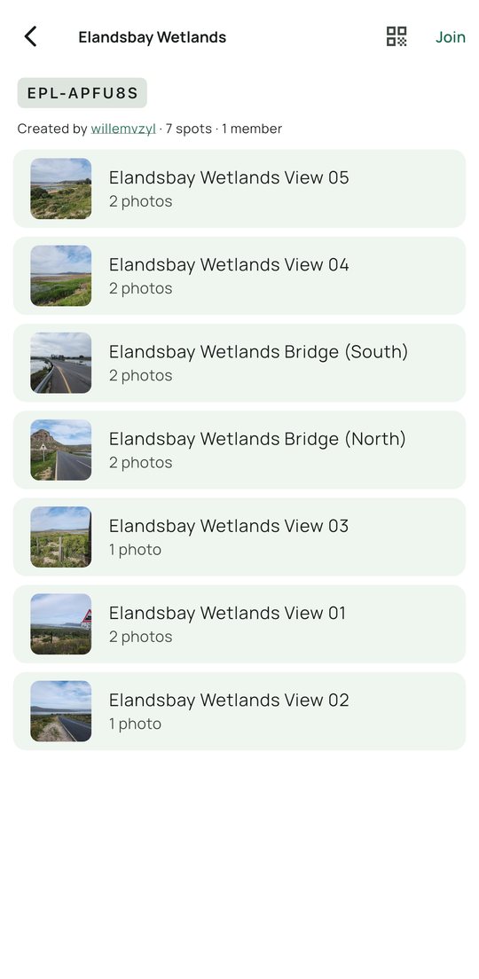 A list of spots grouped as Elandsbay Wetlands