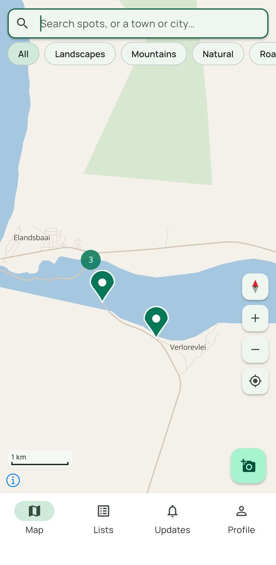 The Ephemeros map showing nearby spots as green markers