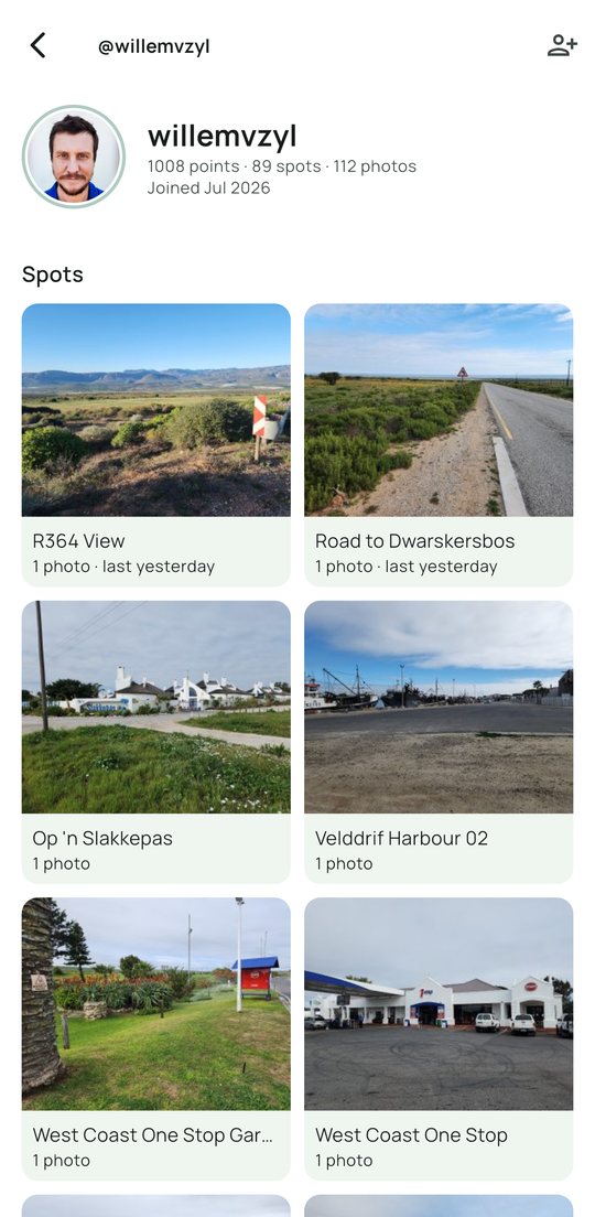A contributor profile with points, spots and photos