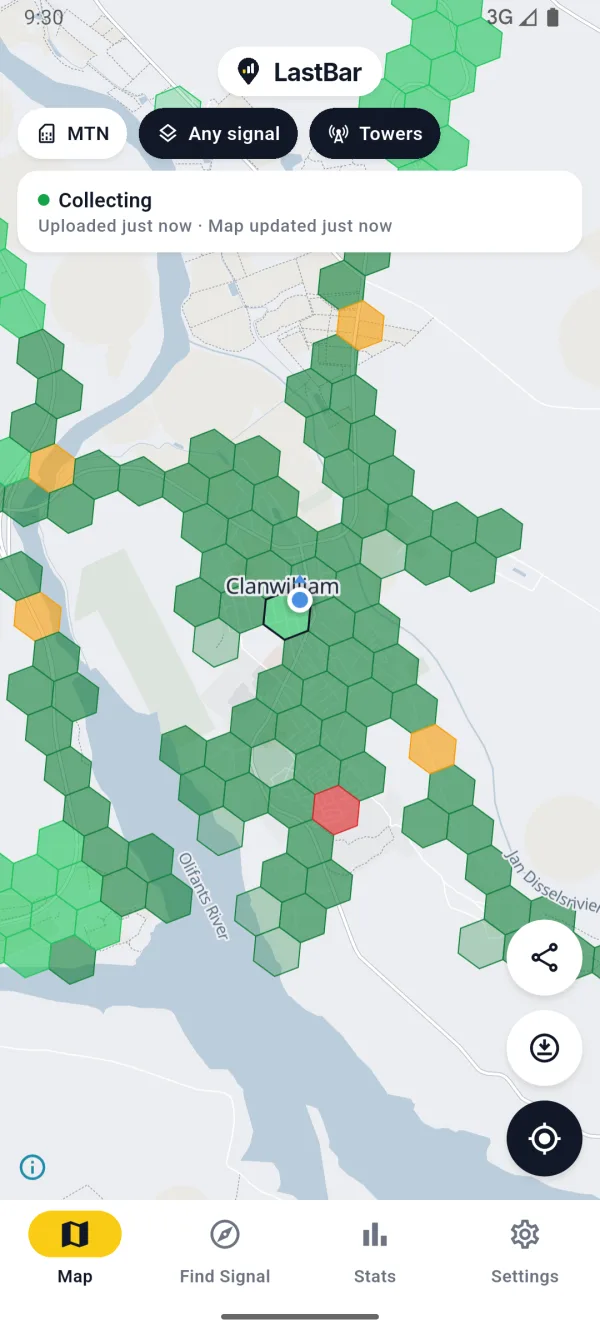 The coverage map of LastBar, with green, orange and red cells along the roads of a town