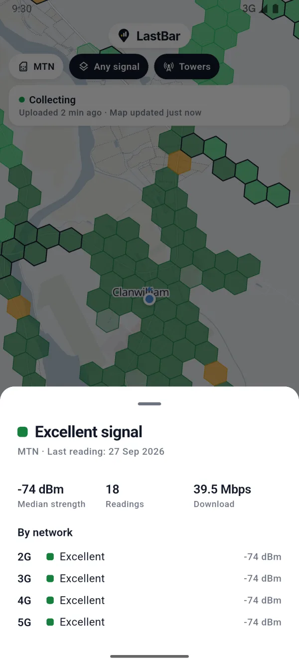The details of a place on the map: signal strength, download speed and number of readings