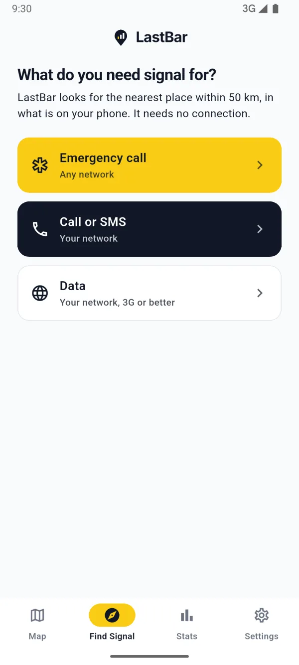 Find Signal, with its three choices: emergency call, call or SMS, and data
