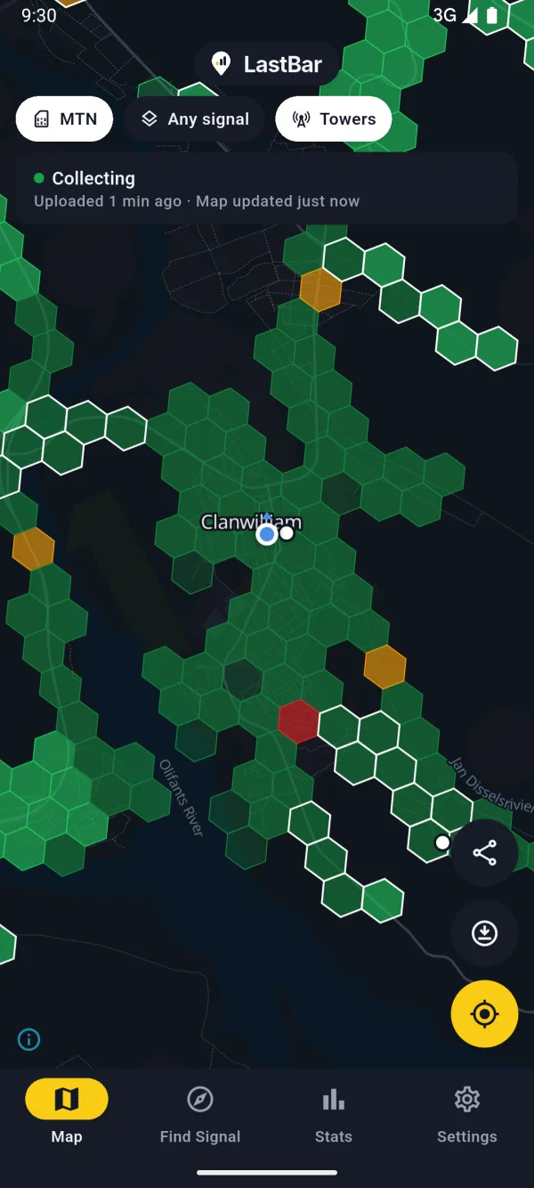 The map in the dark theme, with towers