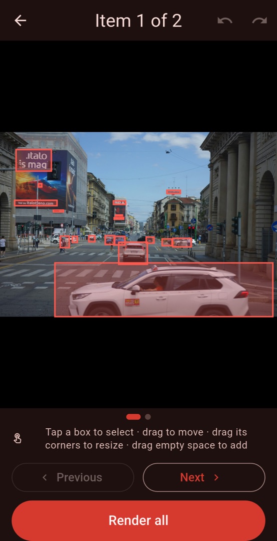 The editor with detected regions boxed in coral